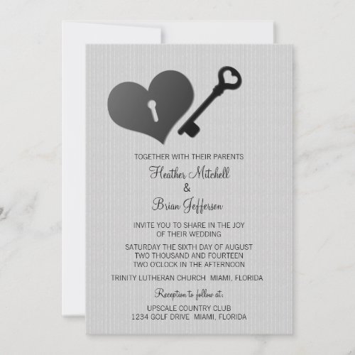 Gray Heart Lock and Key Wedding Invite
