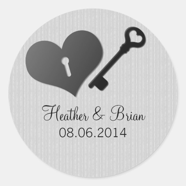 Gray Heart Lock and Key Wedding Stickers (Front)