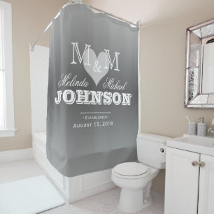 Gray Heart Monogram Wedding Shower Curtain