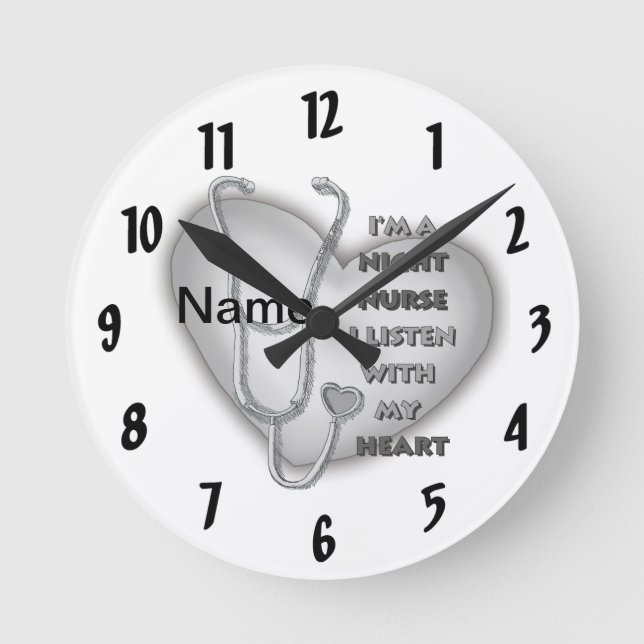 Gray Heart Night Nurse Round Clock (Front)