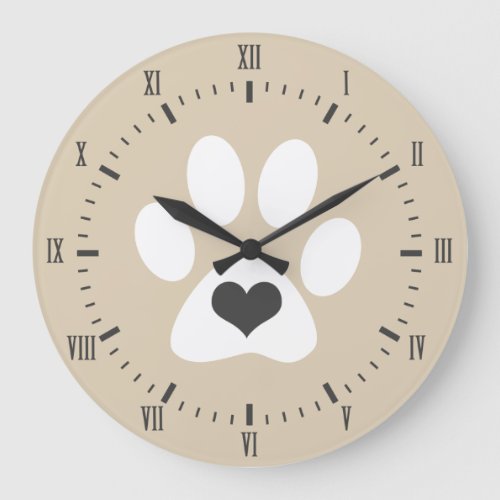 Gray Heart White Paw Print Roman Numerals Name Large Clock