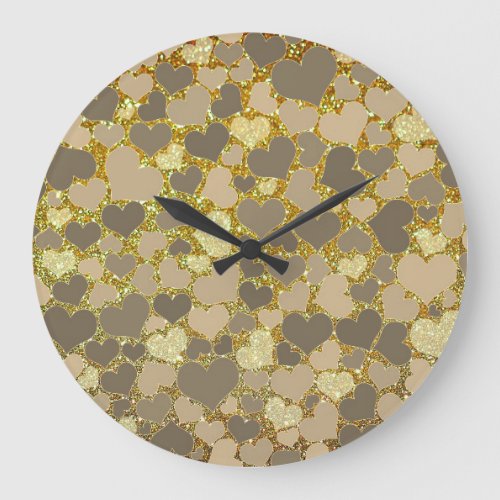 Gray Hearts Abstract Gold Glitter Patterns Modern Large Clock