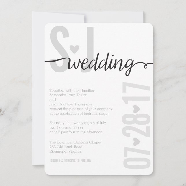 Gray Hearts & Chevron Bold Letters Wedding Invite (Front)