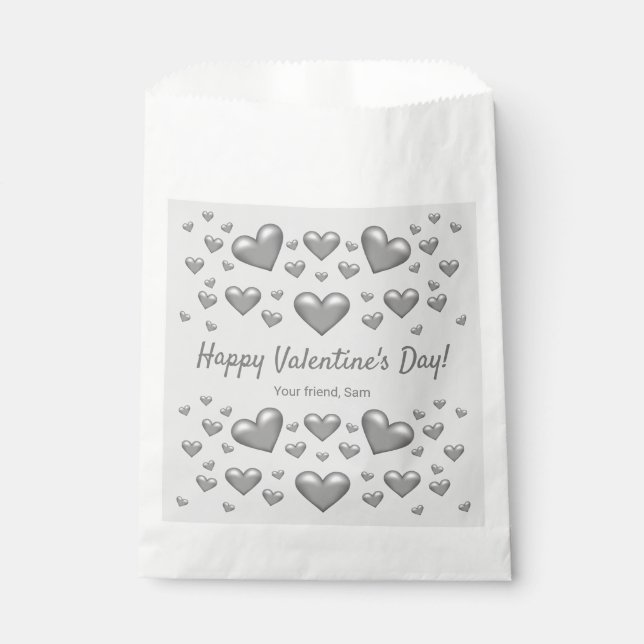 Gray Hearts Happy Valentine's Day & Custom Text Favor Bag (Front)