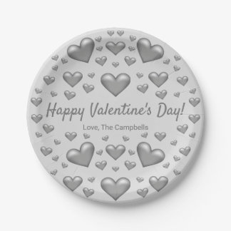 Gray Hearts Happy Valentine's Day &amp; Custom Text Paper Plates