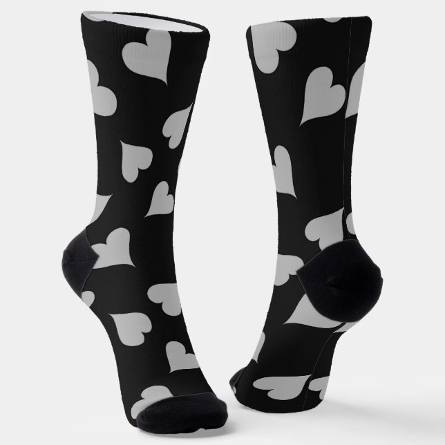 Gray hearts pattern on black socks (Angled)