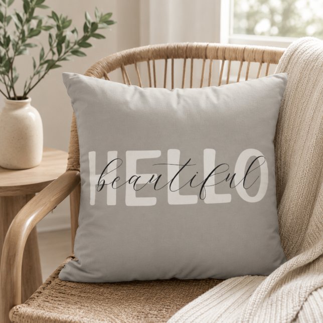 Gray "Hello Beautiful" Personalized Throw Pillow (Creator Uploaded)