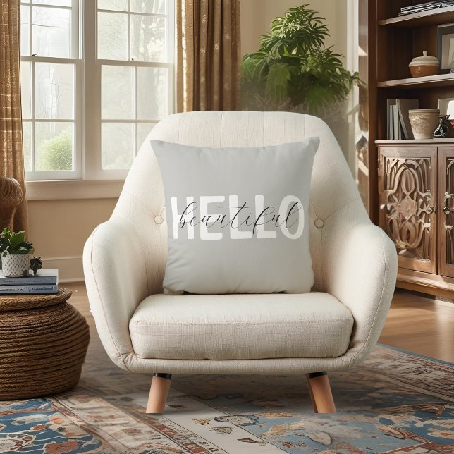 Gray "Hello Beautiful" Personalized Throw Pillow (Creator Uploaded)