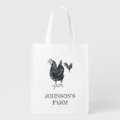Gray Hen And Rooster  Farm Name  Grocery Bag