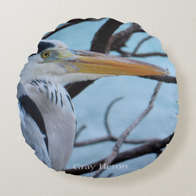 Gray Heron Round Pillow (Front)