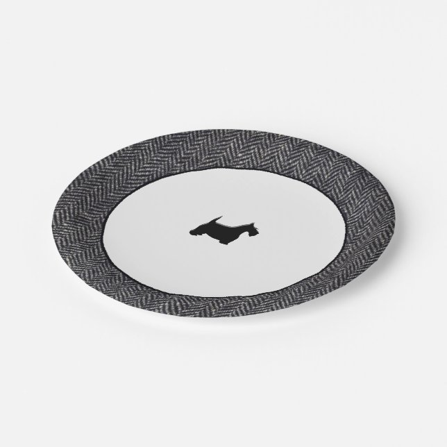 Gray Herringbone Black Scottie Paper Plates (Angled)