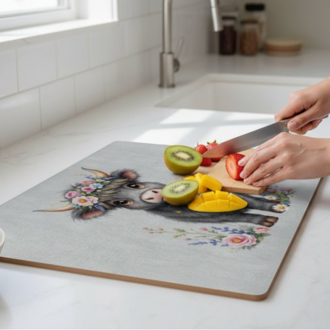 Gray Highland Cow With Florals Cutting Board (Creator Uploaded)