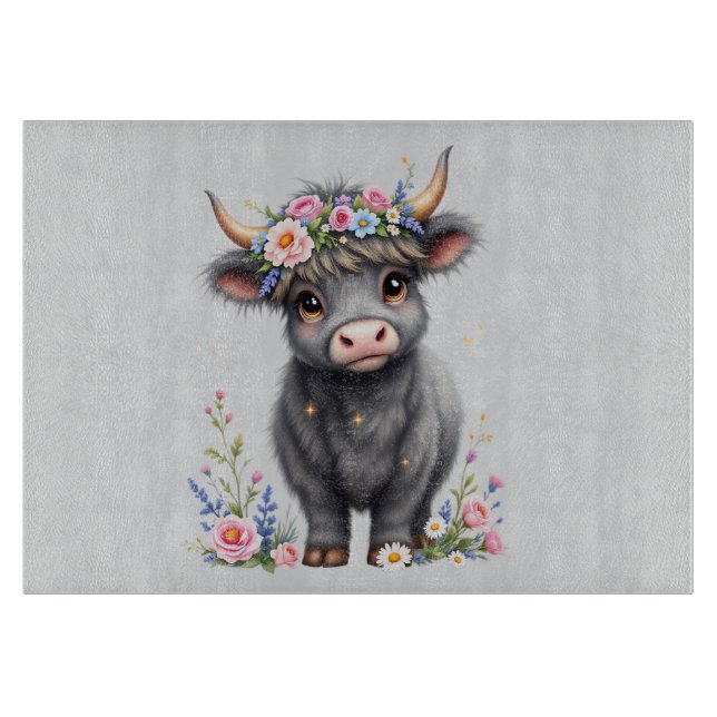 Gray Highland Cow With Florals Cutting Board (Front)