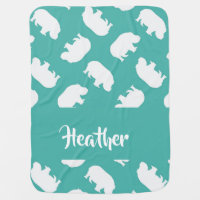 Gray hippo silhouette on teal baby blanket