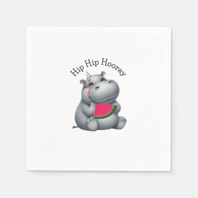 Gray Hippo Watermelon Birthday  Napkins (Front)