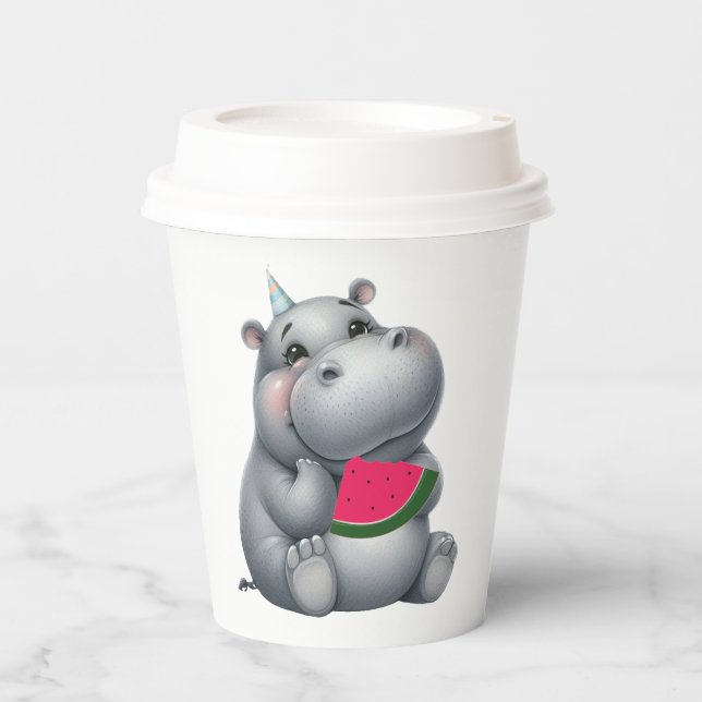 Gray Hippo Watermelon Birthday  Paper Cups (Front)