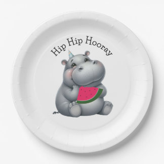 Gray Hippo Watermelon Birthday  Paper Plates
