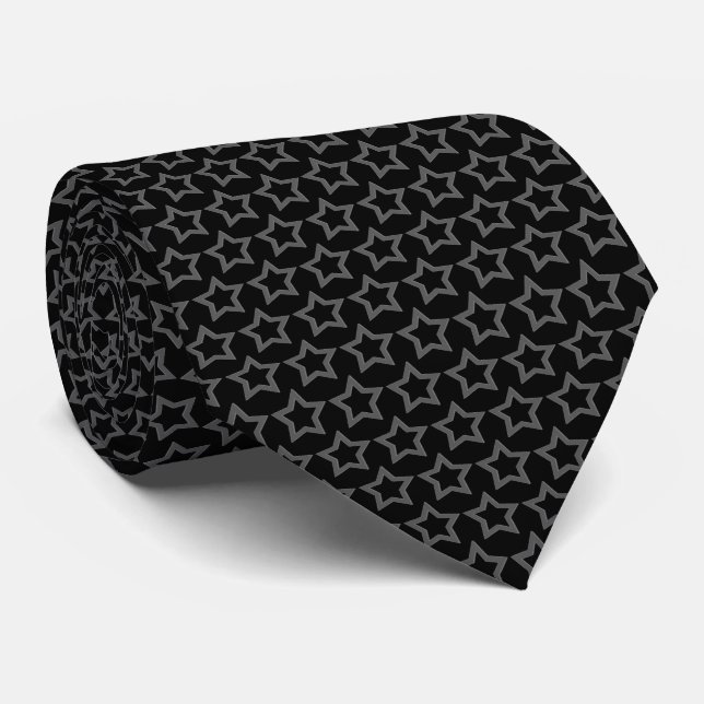  Gray Hollow Star Pattern Over Black Background Neck Tie (Rolled)