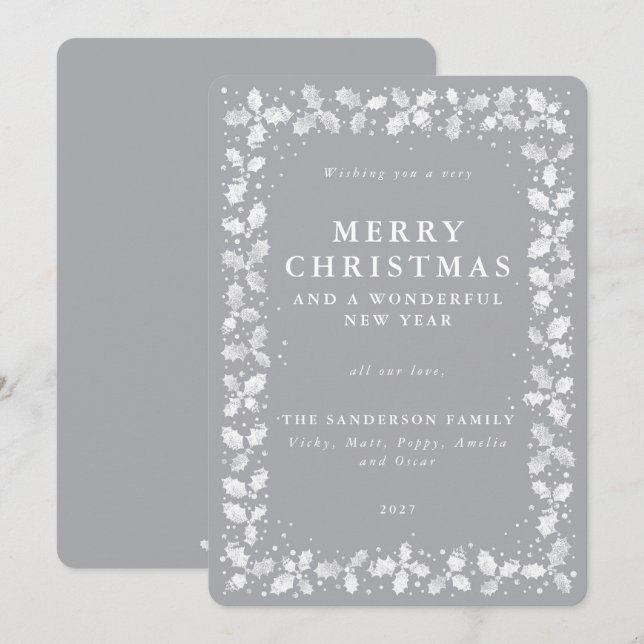 Gray Holly + Berry Border Flat Non Photo Christmas Holiday Card (Front/Back)