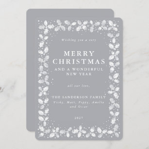 Gray Holly + Berry Border Flat Non Photo Christmas Holiday Card