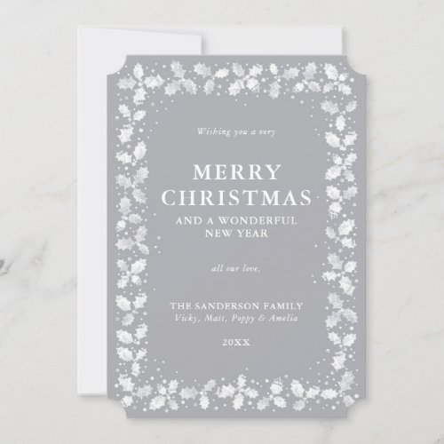 Gray Holly  Berry Border Flat Non Photo Christmas Holiday Card