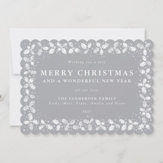 Gray Holly Leaves Border Flat Non Photo Holiday Card (Front)