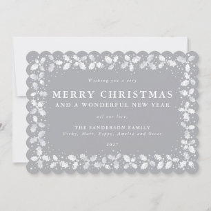 Gray Holly Leaves Border Flat Non Photo Holiday Card