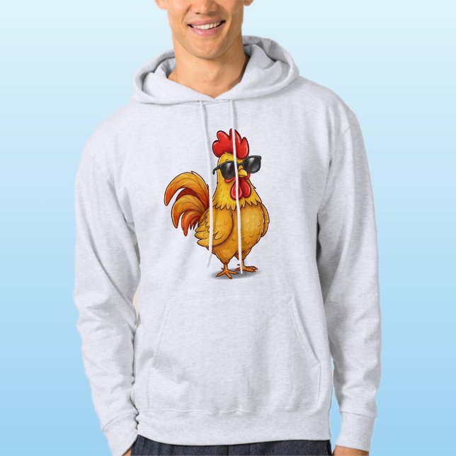 Gray Hoodie for Him with Cute Rooster and Glasses  (Creator Uploaded)