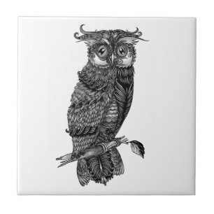 Gray Hoot Owl with Orchids Ceramic Tile