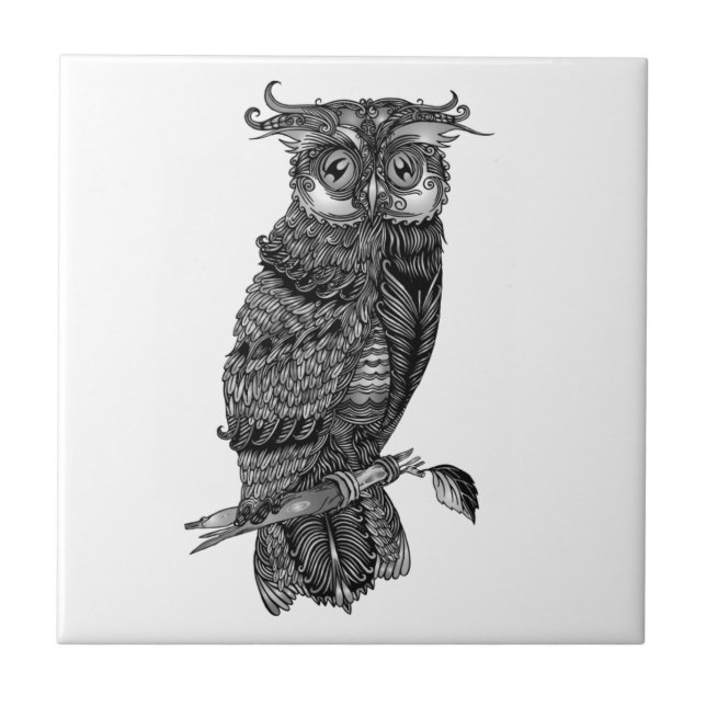 Gray Hoot Owl with Orchids Ceramic Tile (Front)