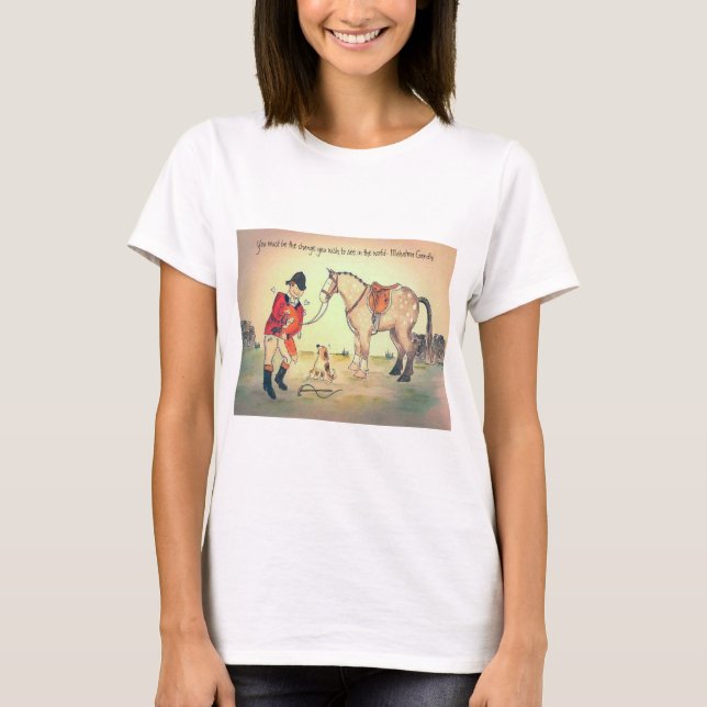 Gray horse fox hunting t-shirt with Gandhi quote (Front)