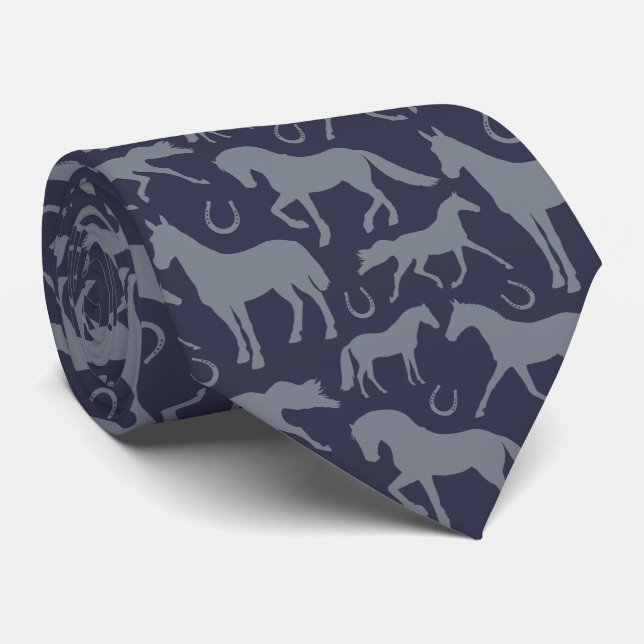 Gray Horses and Horseshoe Print on Navy Blue Neck Tie (Rolled)