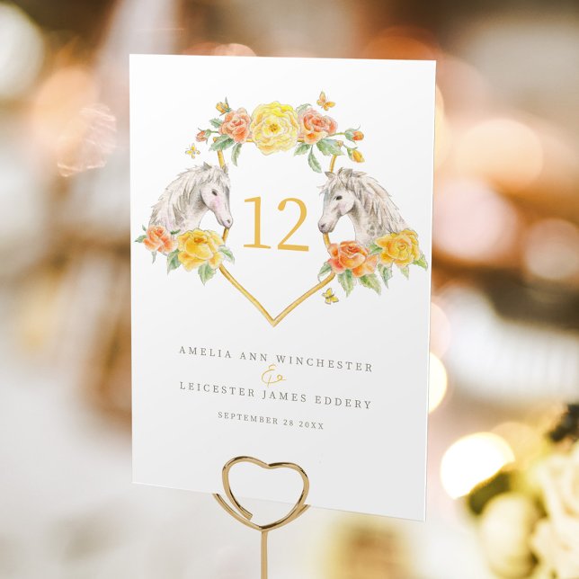 Gray horses and yellow roses monogram  table number (Creator Uploaded)