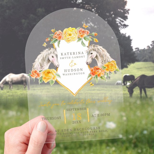 Gray horses and yellow roses monogram wedding arch acrylic invitations (Creator Uploaded)