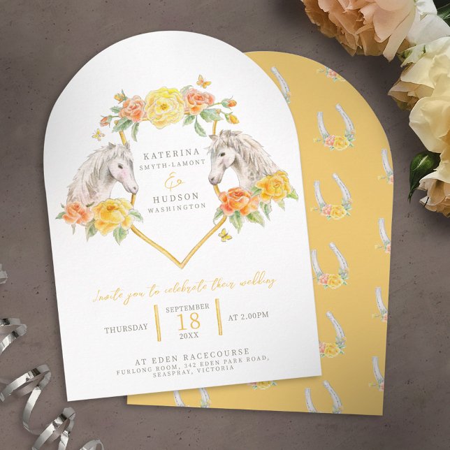 Gray horses and yellow roses monogram wedding arch invitation (Creator Uploaded)