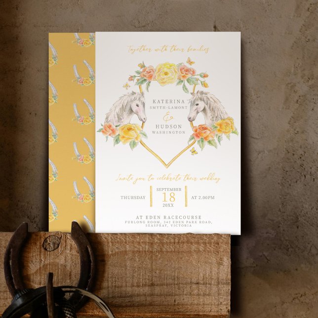 Gray horses and yellow roses monogrammed wedding invitation (Creator Uploaded)