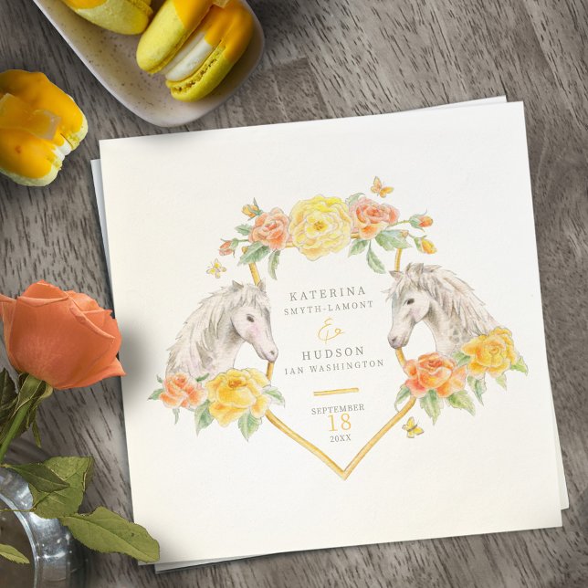 Gray horses and yellow roses monogrammed wedding napkins (Creator Uploaded)