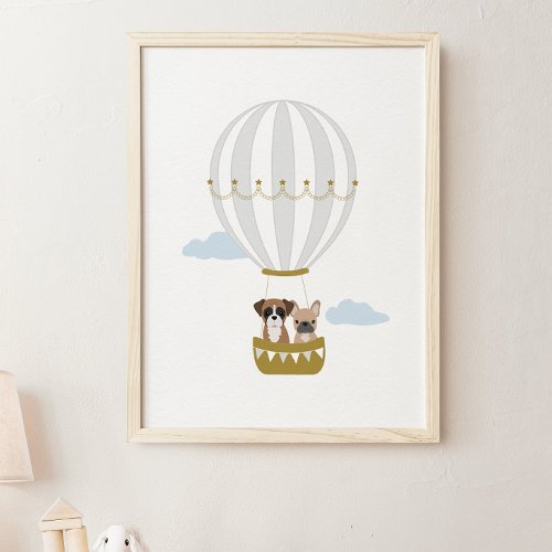 Gray Hot Air Balloon Puppies Nursery Decor Poster
