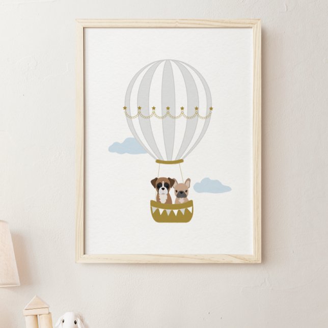 Gray Hot Air Balloon Puppies Nursery Decor Poster (Creator Uploaded)