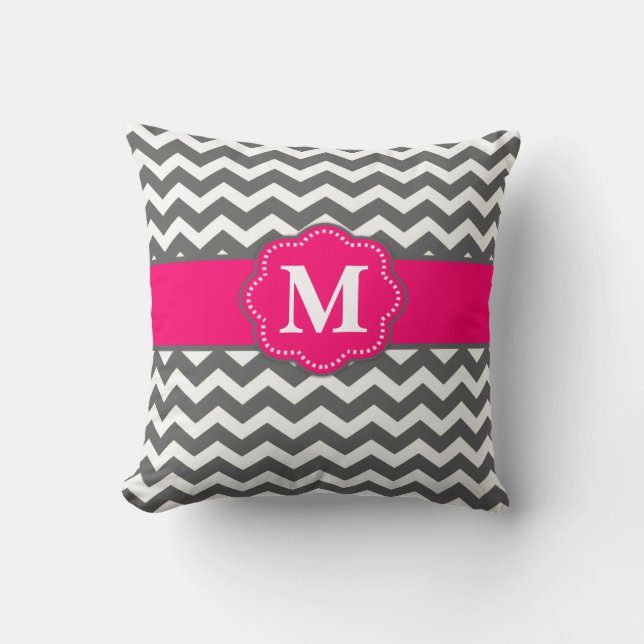 Gray Hot Pink Chevron Monogram Pillow (Front)