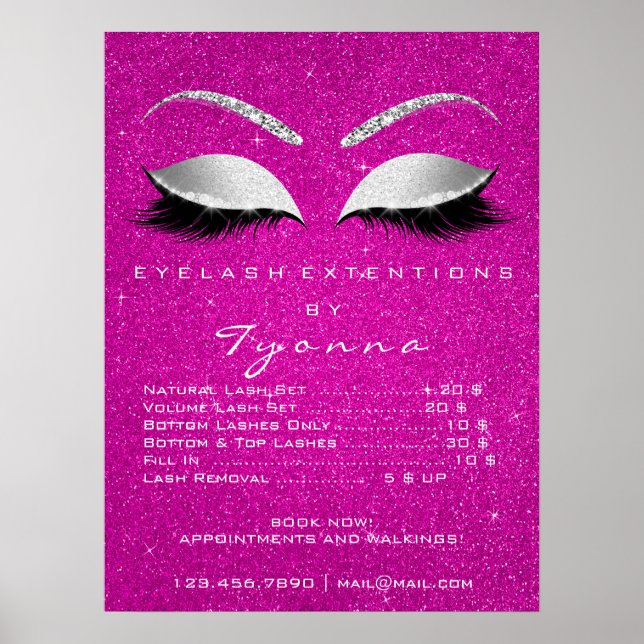Gray Hot Pink Gold Makeup Artist Lashes Price List Poster (Front)