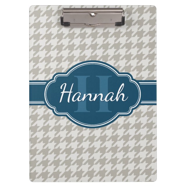 Gray Houndstooth Pattern Navy Monogram Clipboard (Front)