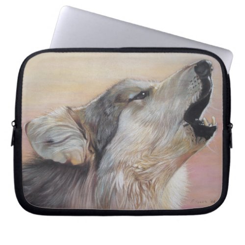 gray howling wolf against sunset sky wildlife laptop sleeve