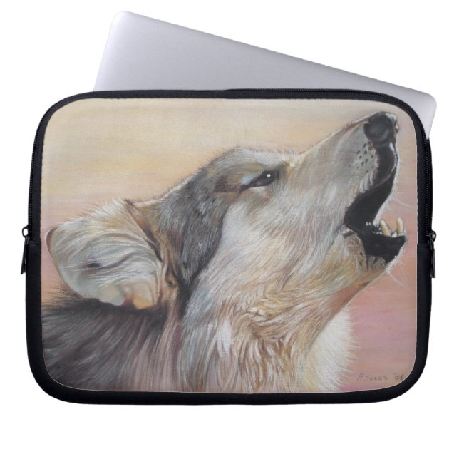 gray howling wolf against sunset sky wildlife laptop sleeve (Front)