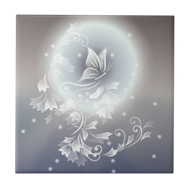 Gray Hues Floral Butterfly Fantasy Ceramic Tile (Front)