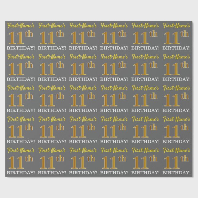 Gray, Imitation Gold Look "11th BIRTHDAY" Wrapping Paper (Flat)