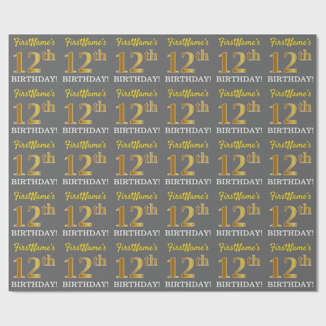 Gray, Imitation Gold Look "12th BIRTHDAY" Wrapping Paper (Flat)