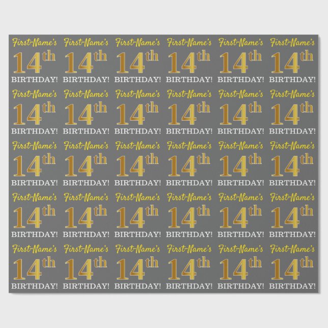 Gray, Imitation Gold Look "14th BIRTHDAY" Wrapping Paper (Flat)