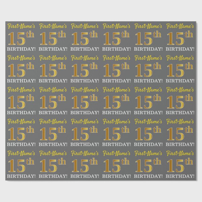 Gray, Imitation Gold Look "15th BIRTHDAY" Wrapping Paper (Flat)