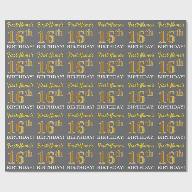 Gray, Imitation Gold Look "16th BIRTHDAY" Wrapping Paper (Flat)